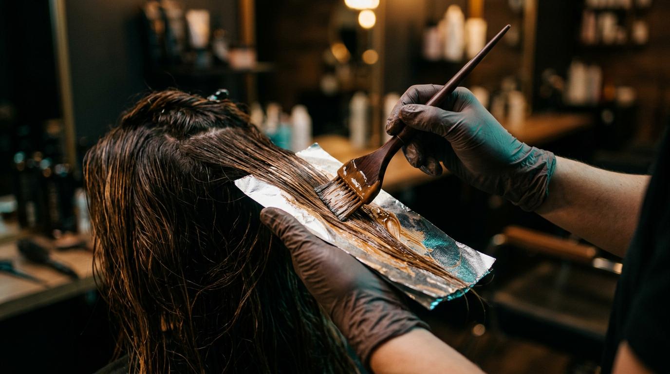 Colorist painting caramel balayage onto long brunette hair