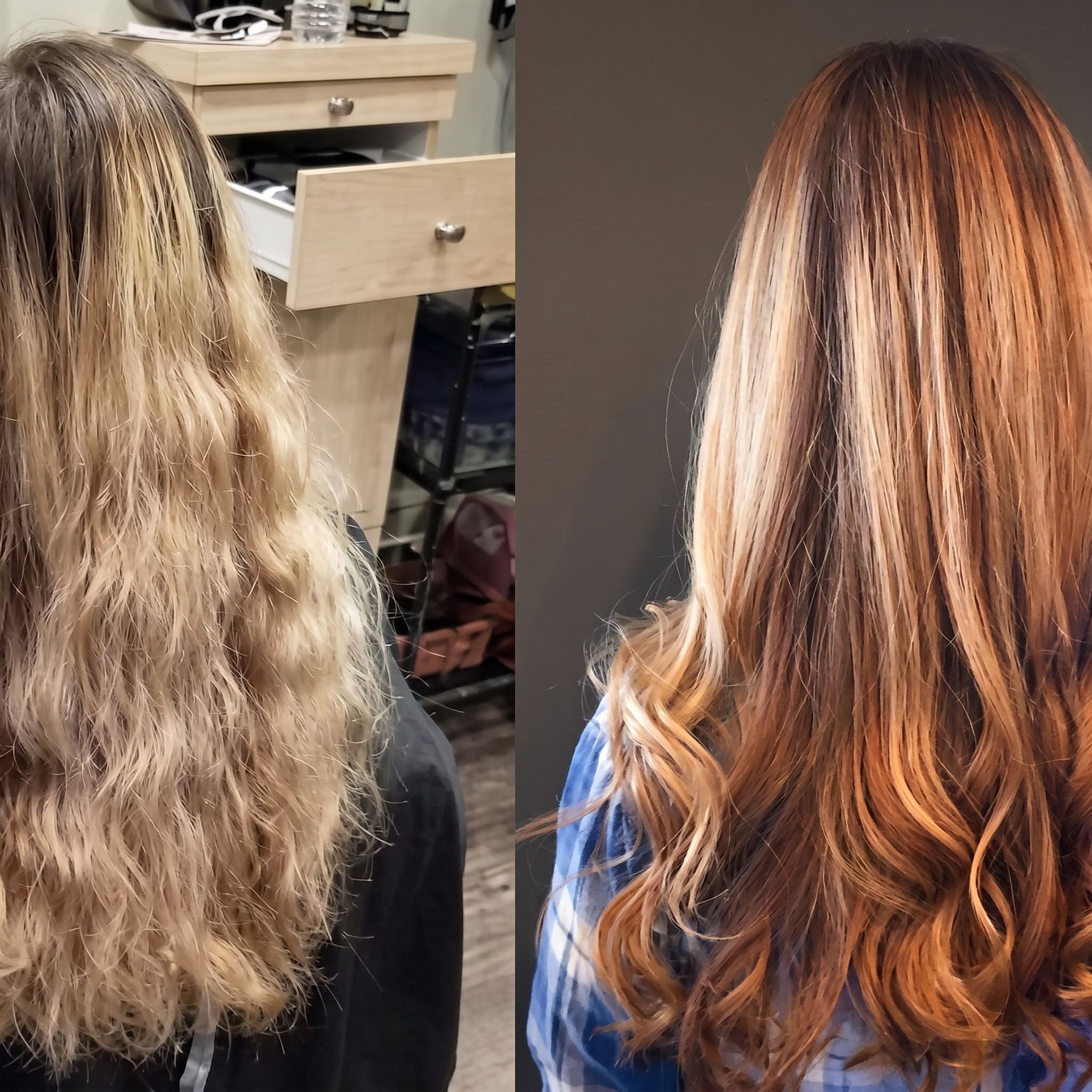 Before and after blonde-to-copper caramel highlights at Salon DP Lorana