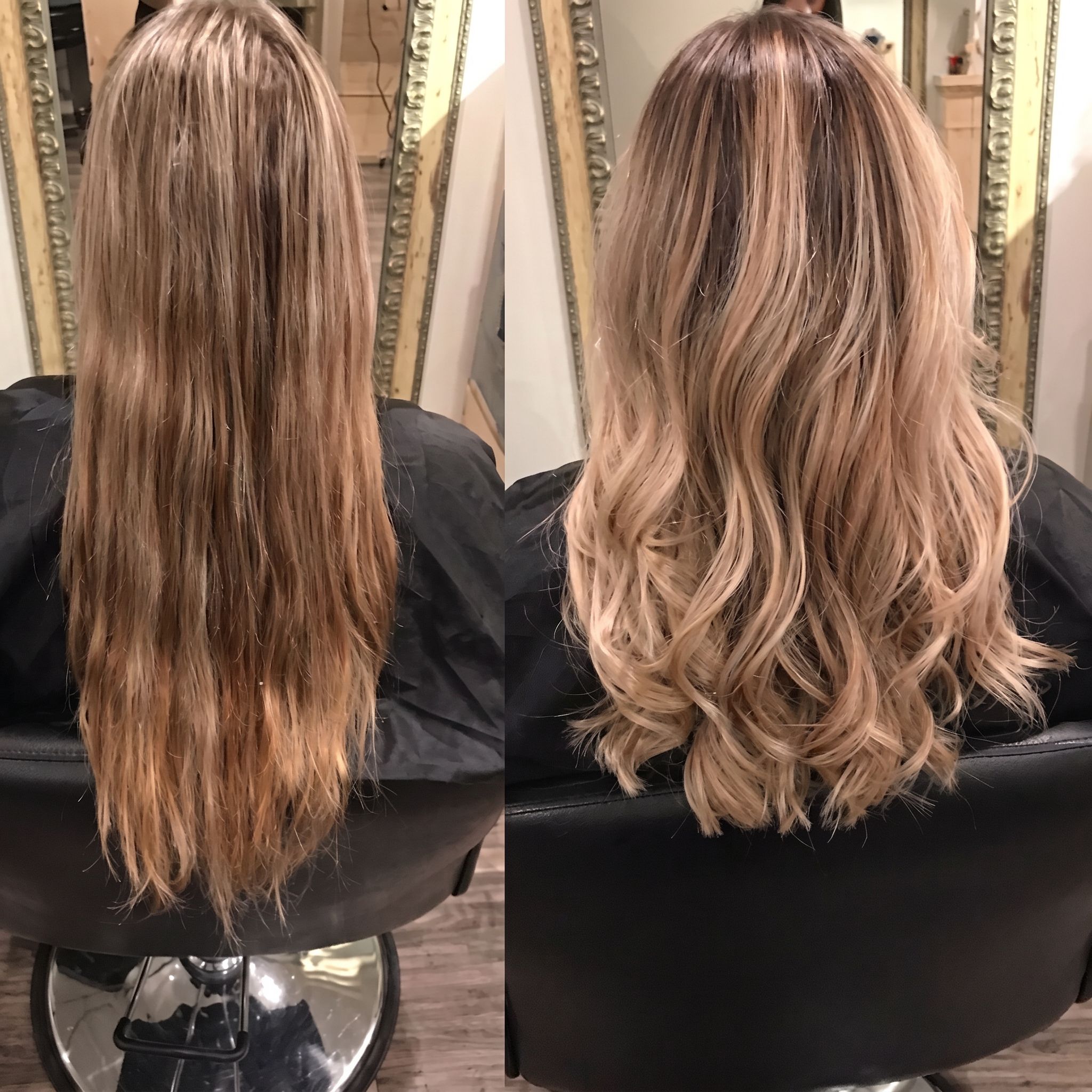 Before and after caramel balayage with long waves at Salon DP Lorana