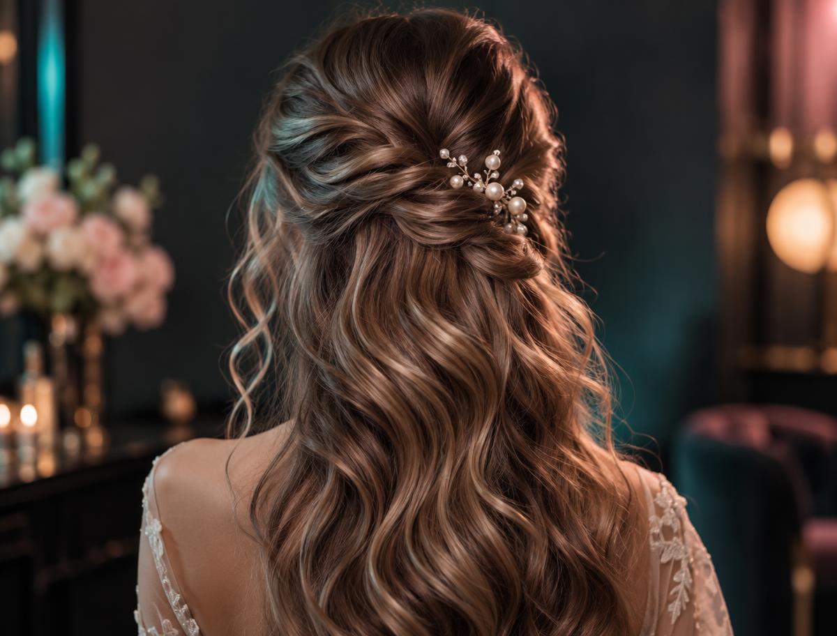 Bridal hair styled half-up with soft waves and partial hair extensions