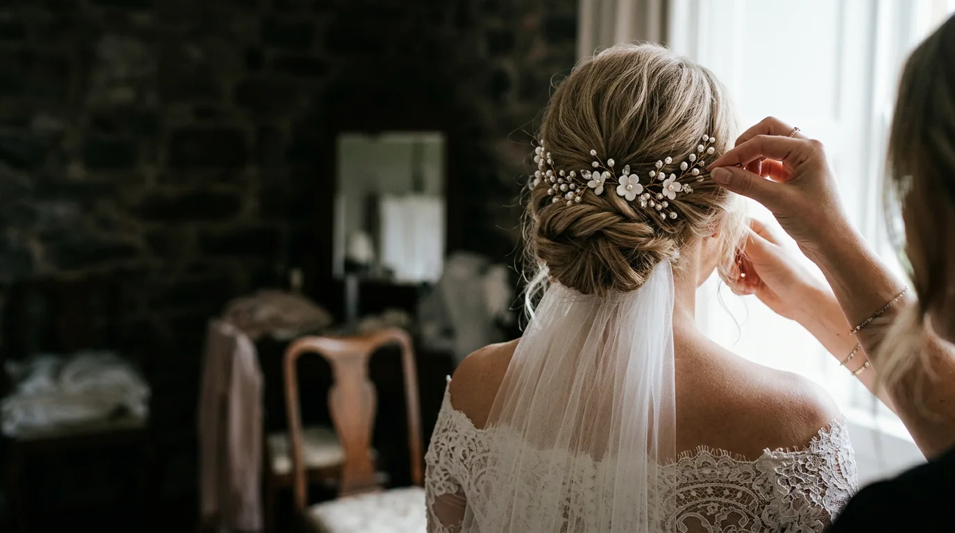 Stylist's hands pinning a pearl and flower hair vine into a bride's soft updo