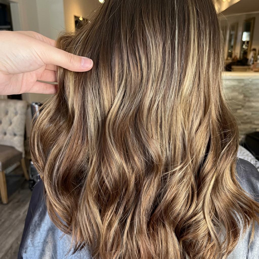 Brunette hair with caramel balayage waves by Salon DP Lorana