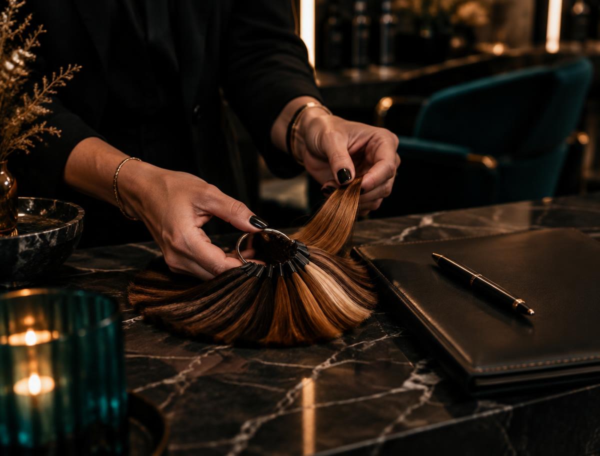 Stylist's hands holding hair color swatches during a consultation