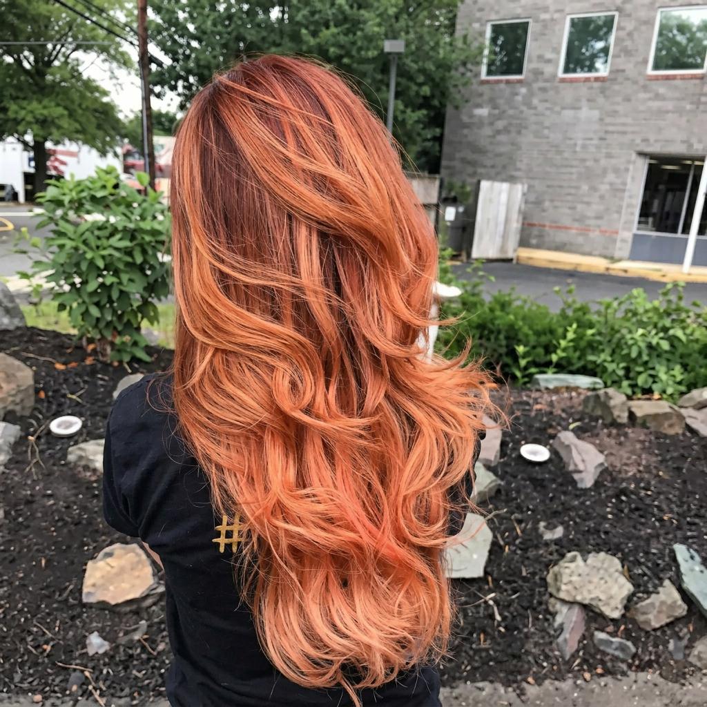 Copper-red long layered hair by Salon DP Lorana