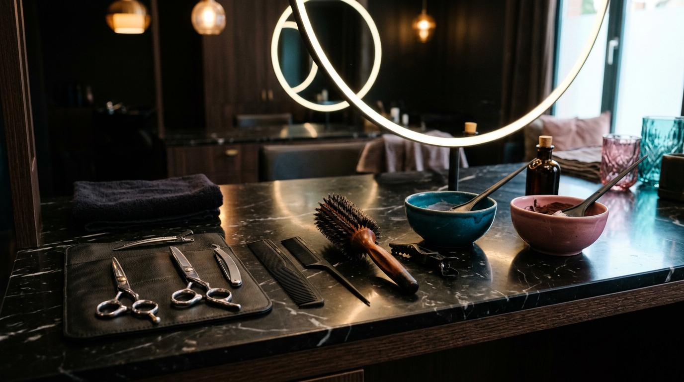 Scissors, combs, brush and color bowls on a black marble salon station