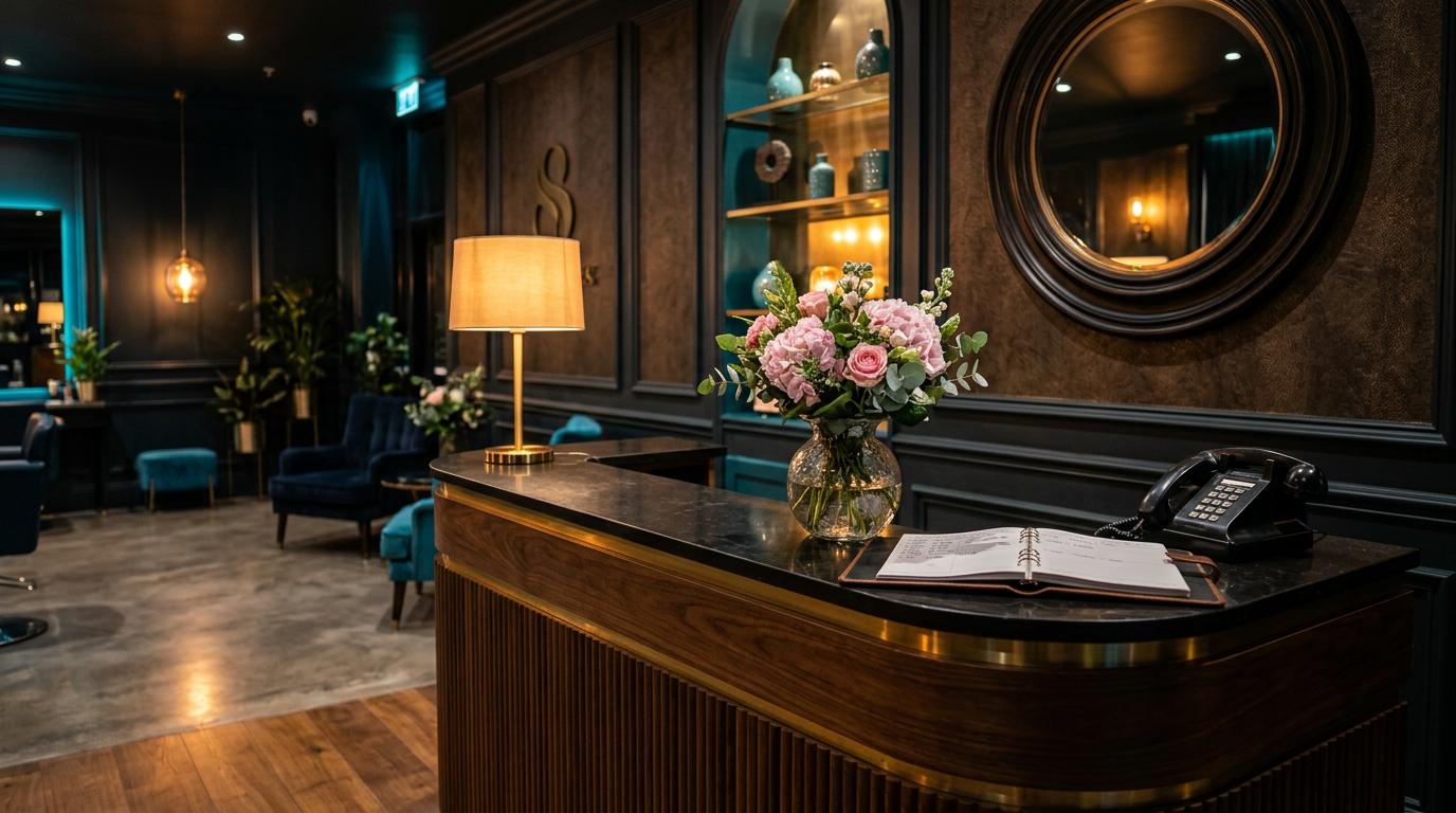 Salon reception desk with pink flowers and an appointment book