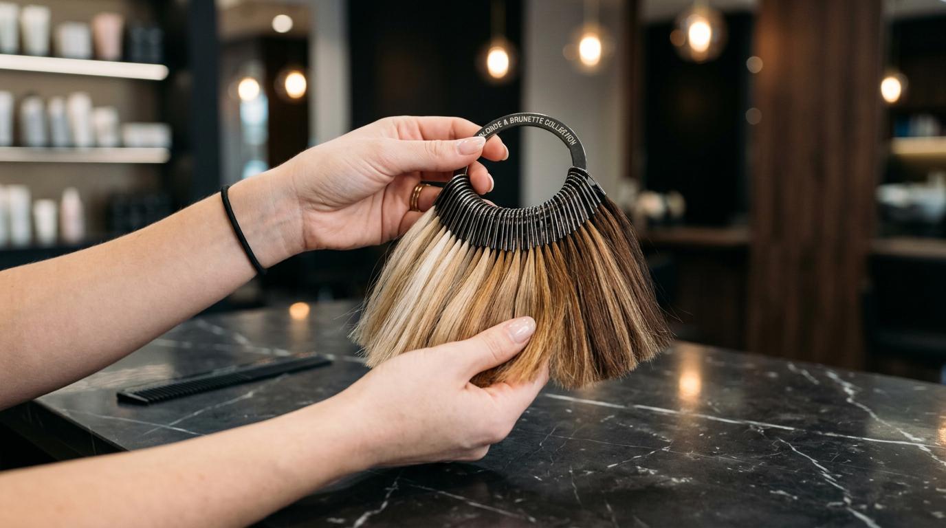 Stylist's hands holding a hair color swatch ring