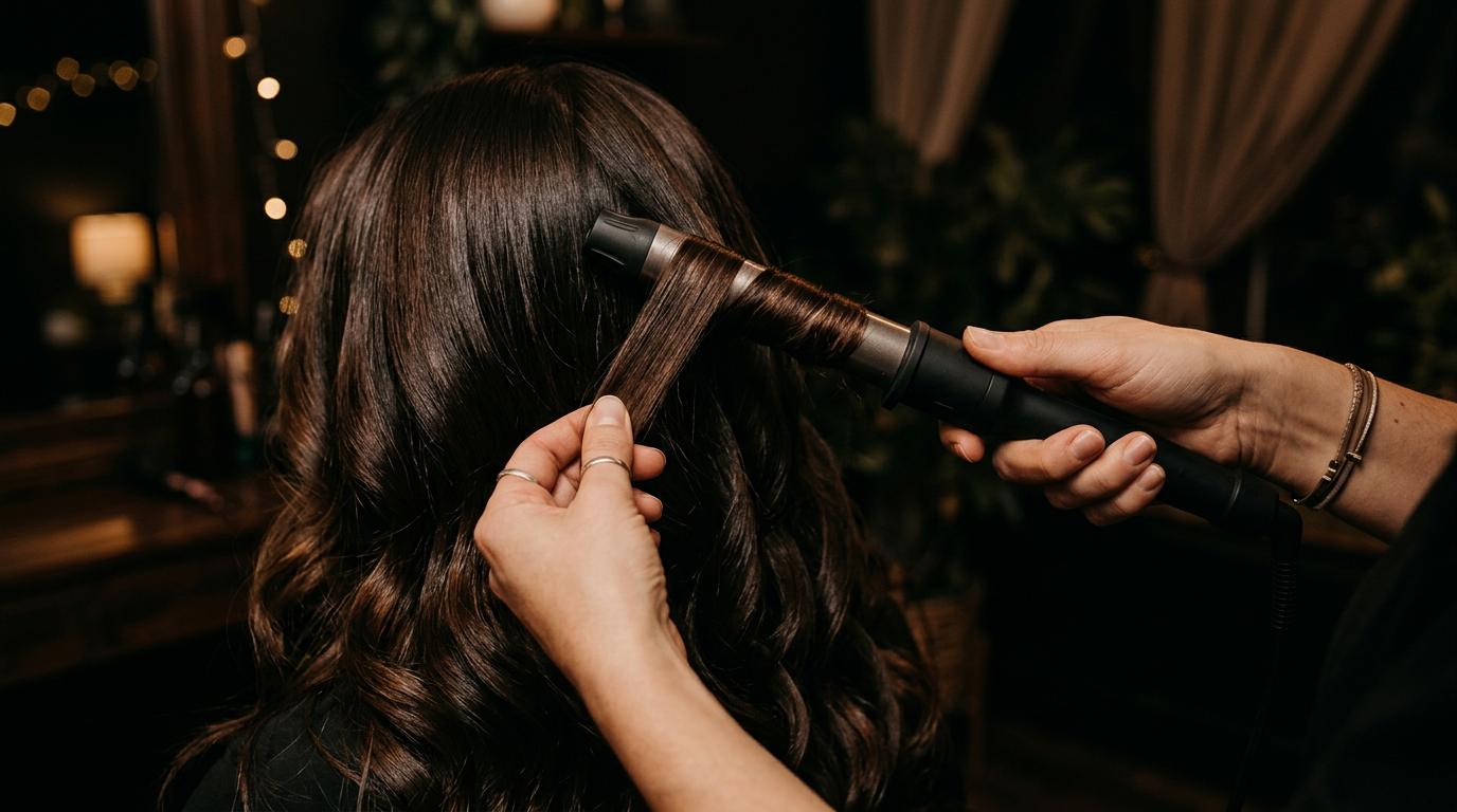 Stylist's hands curling long brunette hair with a curling iron