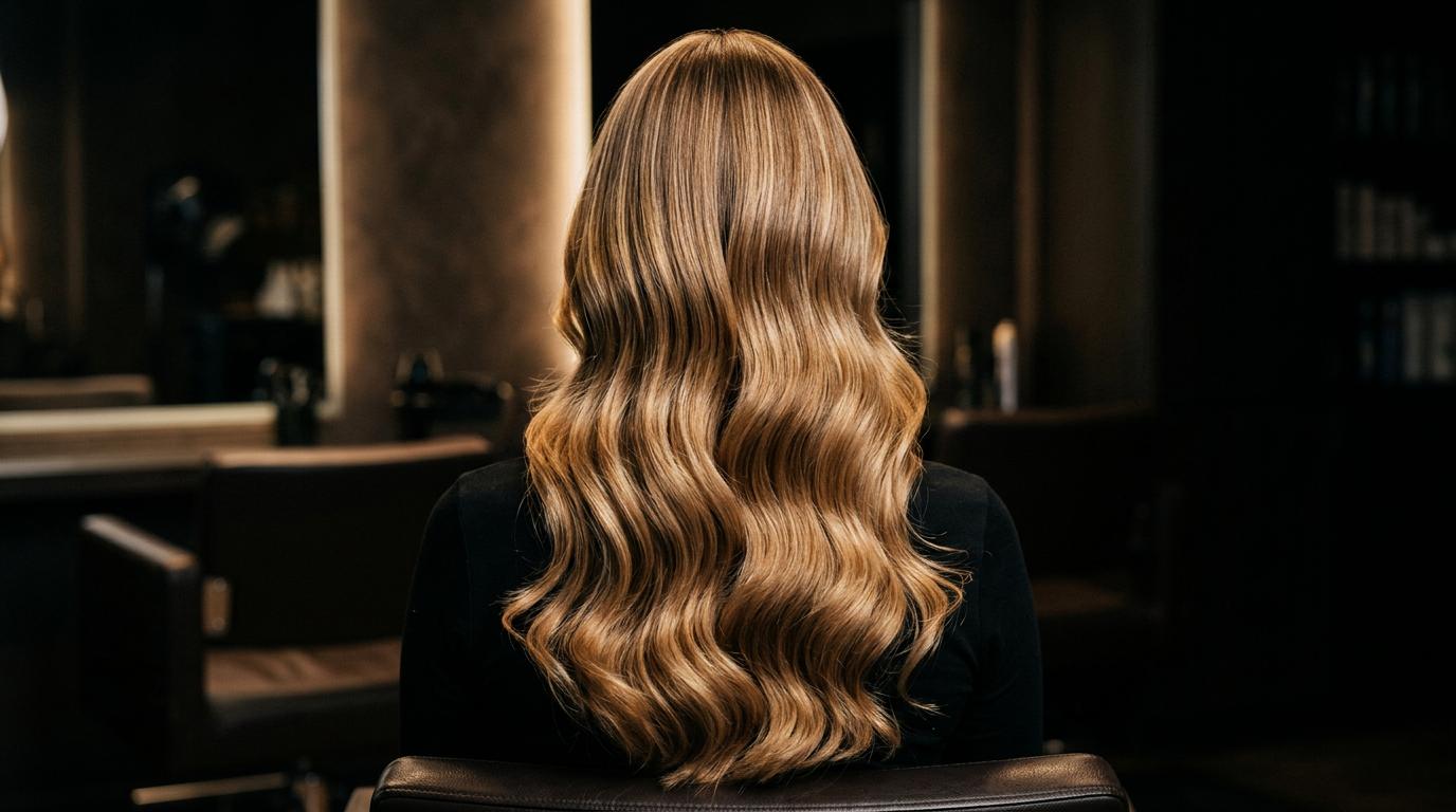 Long glossy blonde balayage waves seen from behind in a dark salon