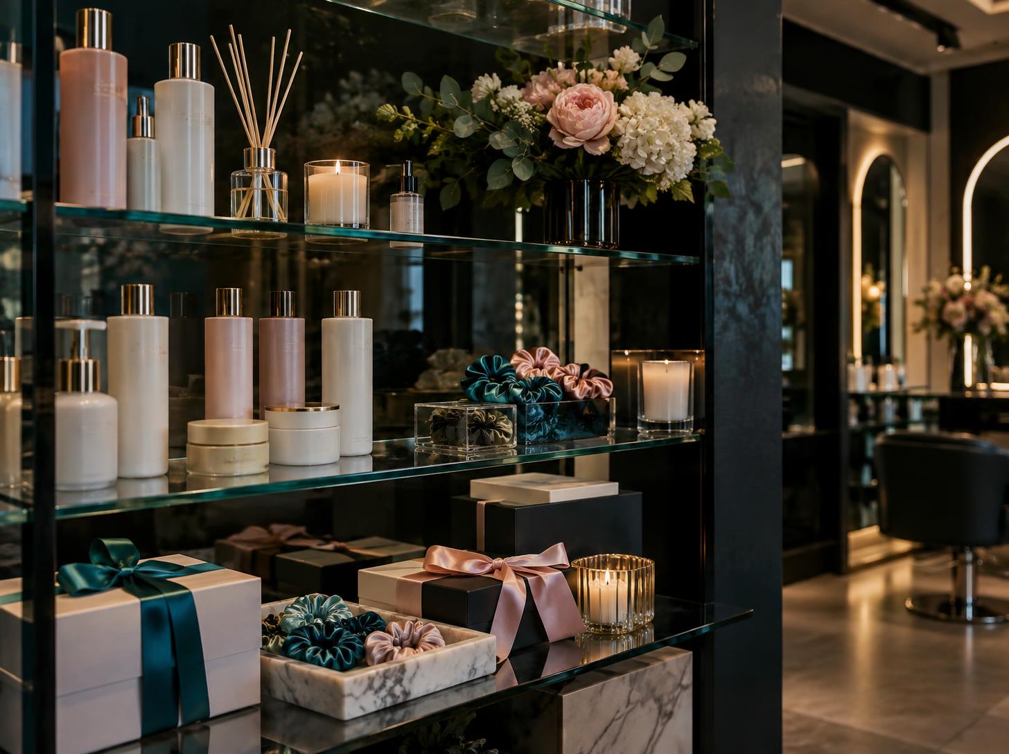 Salon gift boutique shelves with hair care, candles, silk scrunchies and ribbon-tied gift boxes