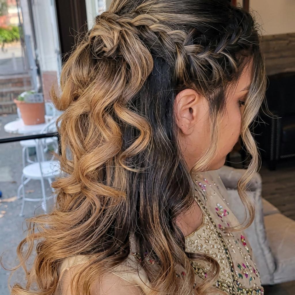 Half-up braided curls for a special occasion, side view