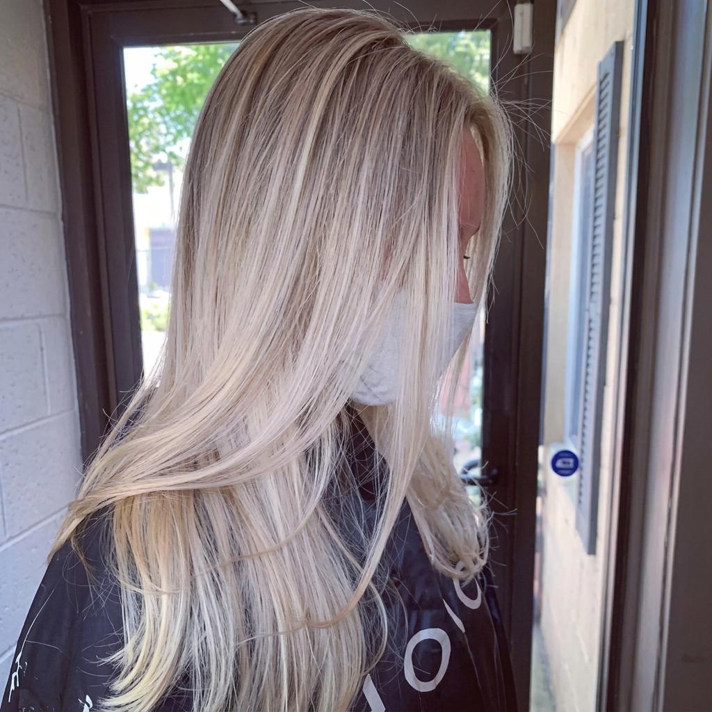Long blonde balayage hair color by Salon DP Lorana