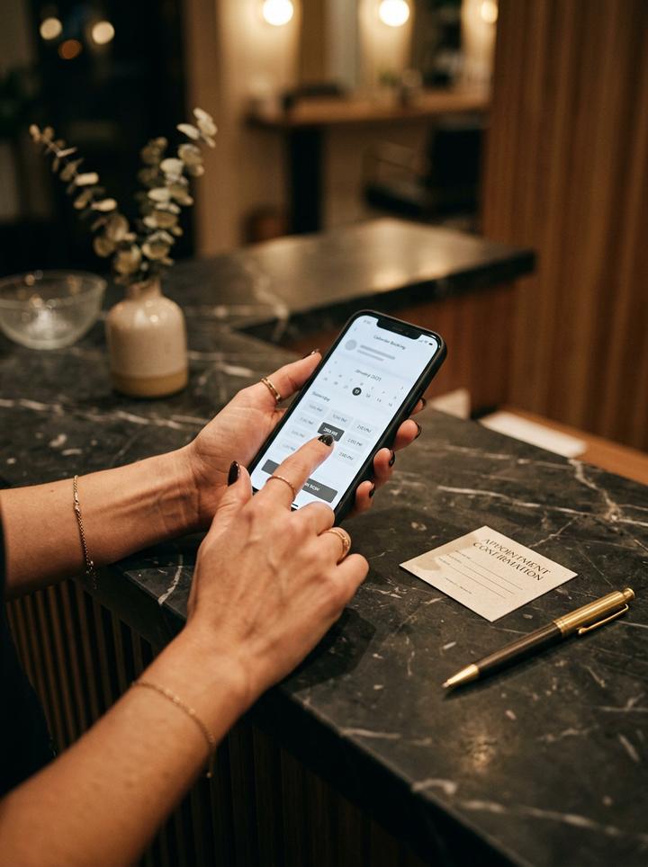 Client's hands booking a salon appointment on a phone