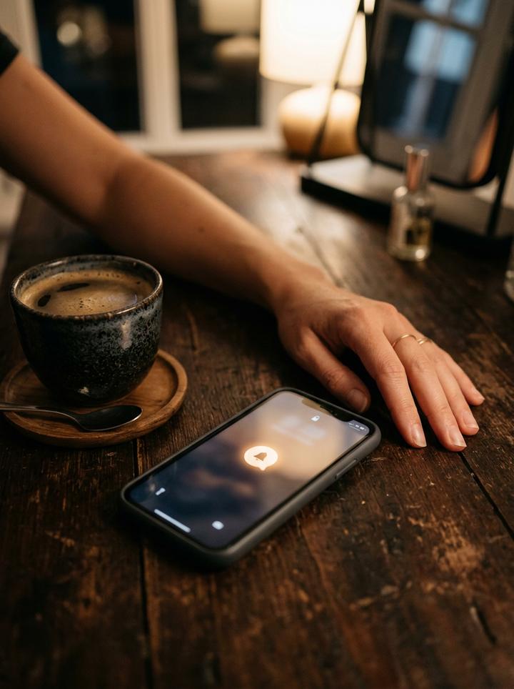 Phone showing an appointment reminder beside a coffee cup