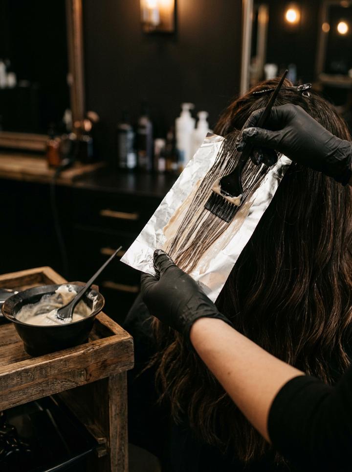 Stylist's gloved hands painting balayage color onto foil