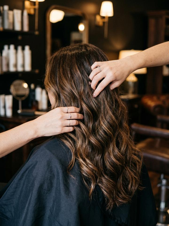 Stylist's hands presenting finished glossy waves
