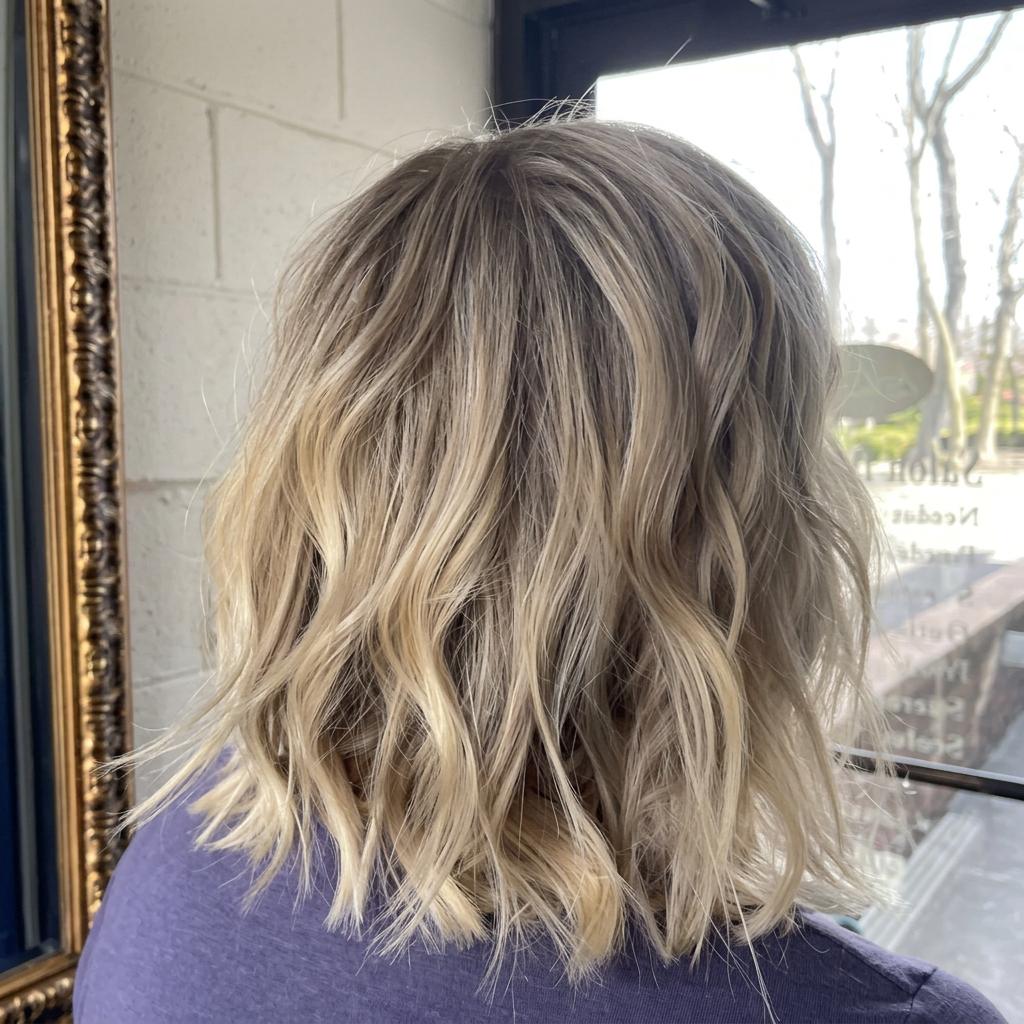 Short wavy bob haircut with blonde balayage by Salon DP Lorana